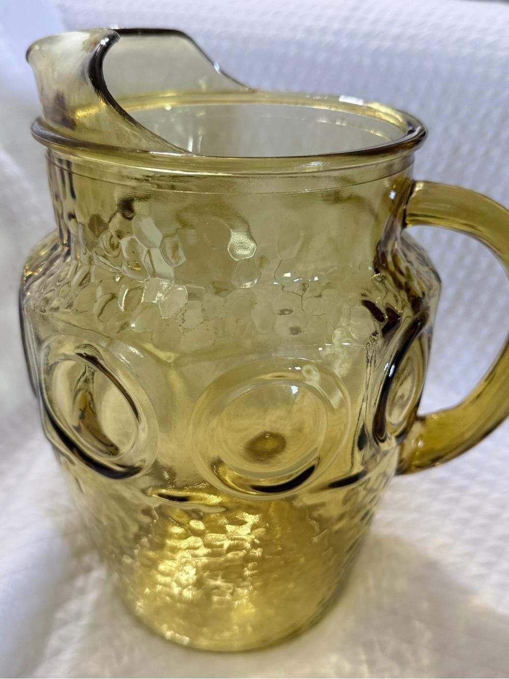 Vintage Mid Century Amber Glass Owl Pitcher Honeycomb Pattern